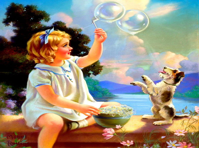 ADORABLE FRIENDS, kid, art, Mabel Rollins Harris, painting, bubbles, pup, play, HD wallpaper