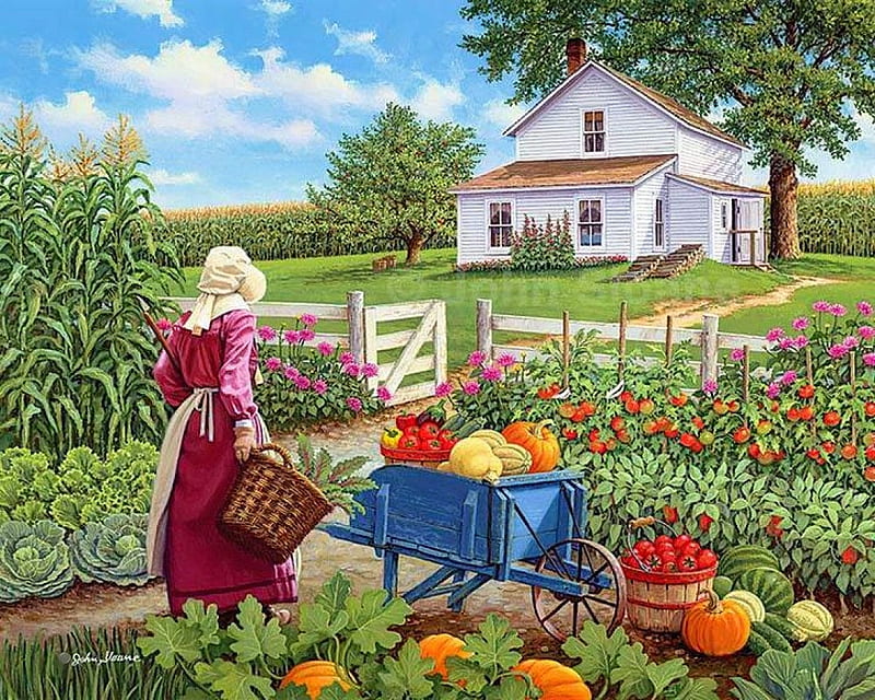 Ripe and Ready, house, tree, cart, garden, woman, pumpkins, fence, maize, artwork, painting, HD wallpaper