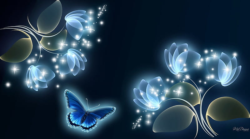 Blue Glow Flowers and Butterfly, flowers, twinkle, exotic, shine, glimmer, dark, sparkle, leaves, butterfly, shimmer, papillon, flowers, sizzle, blue, navy, HD wallpaper