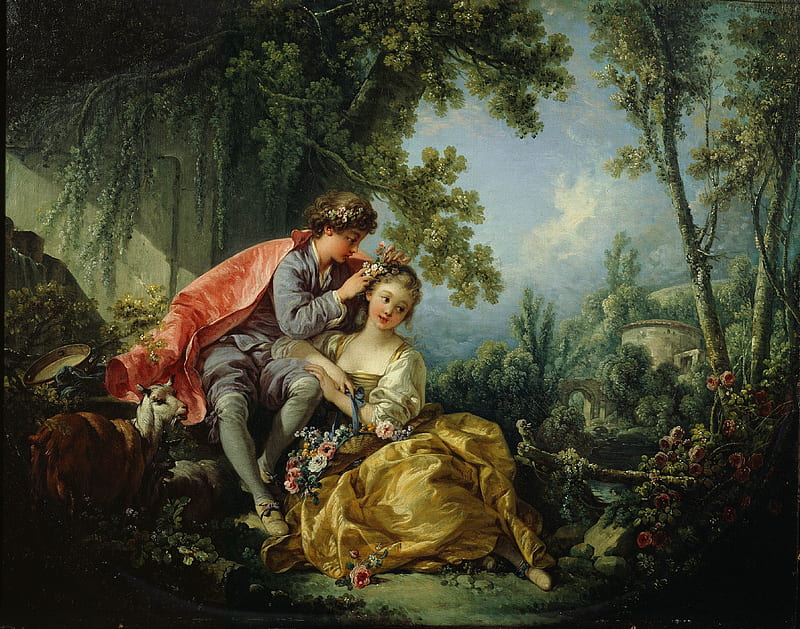 The four seasons ~ Spring, love, four seasons, francois boucher, painting, spring, pictura, couple, HD wallpaper