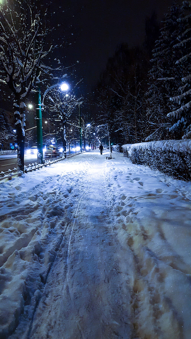 winter, brasov, cold, light, night, path, romania, sidewalk, snow, HD phone wallpaper