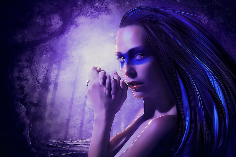 Dark Elf, fantasy, purple, girl, gothic, dark, elf, woods, fog, HD wallpaper