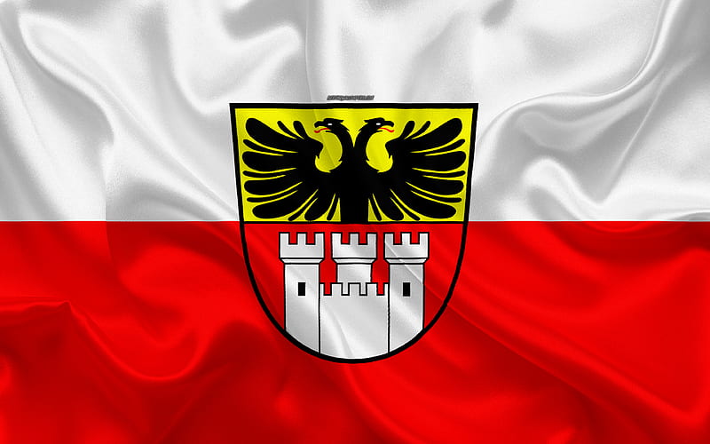 Flag of Duisburg silk texture, red white silk flag, coat of arms, German city, North Rhine-Westphalia, Duisburg, Germany, symbols, HD wallpaper