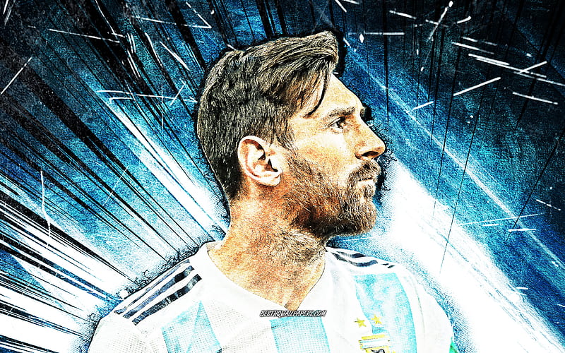 Lionel Messi, grunge art, Argentina national football team, 2020, football stars, blue abstract rays, Leo Messi, soccer, Messi, Argentine National Team, Lionel Messi , footballers, HD wallpaper