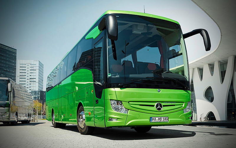 Mercedes-Benz Tourismo, street, 2018 buses, passenger transport, green bus, passenger bus, Mercedes, HD wallpaper