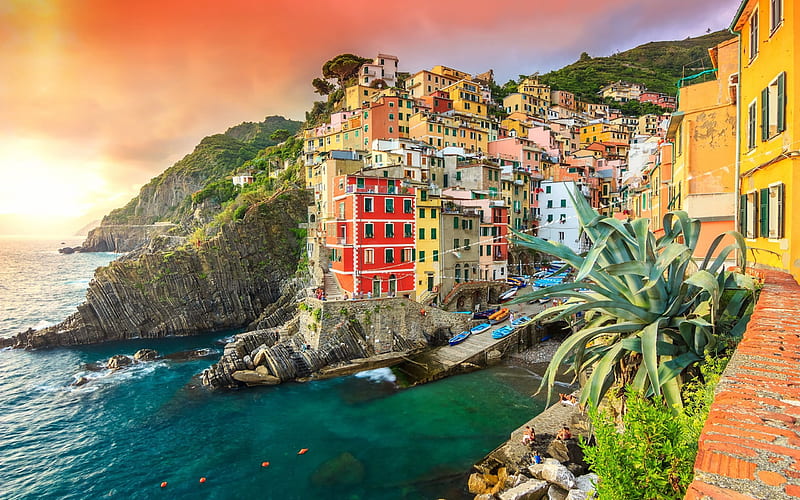 Riomaggiore, resort, sea, sunset, coast, Mediterranean Sea, Italy, HD wallpaper