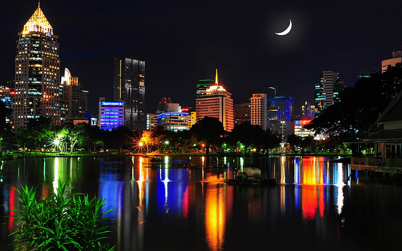 Bangkok, architecture, colorful, house, grass, bonito, thailand, lights, leaves, city, boats, boat, moon, green, skyline, beauty, reflection, night, lovely, view, houses, buildings, colors, park, sky, trees, skyscrapers, lake, building, water, peaceful, nature, HD wallpaper
