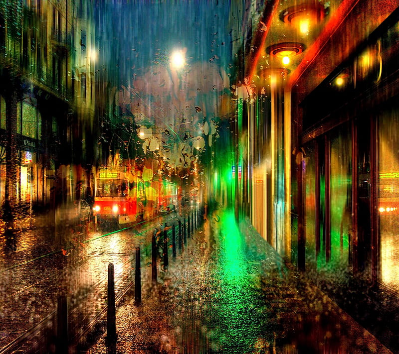 city night lights rain