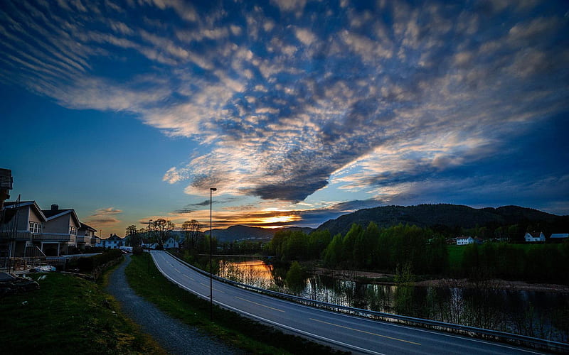 road along a river in suburbia at sunset, suburb, river, sunset, road, clouds, HD wallpaper