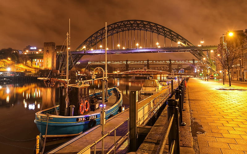 Tyne Bridge, Newcastle upon Tyne, Newcastle, arch bridge, River Tyne, evening, boats, night, England, United Kingdom, HD wallpaper