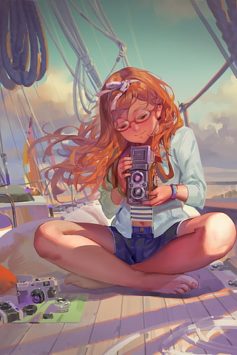 phone, anime girls, redhead, glasses, sea, graphy, happy, HD phone wallpaper