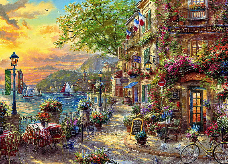 French Riviera cafe, town, painting, street, art, cafe, French, Kinkade, coffee, Riviera, flowers, morning, sailboats, HD wallpaper