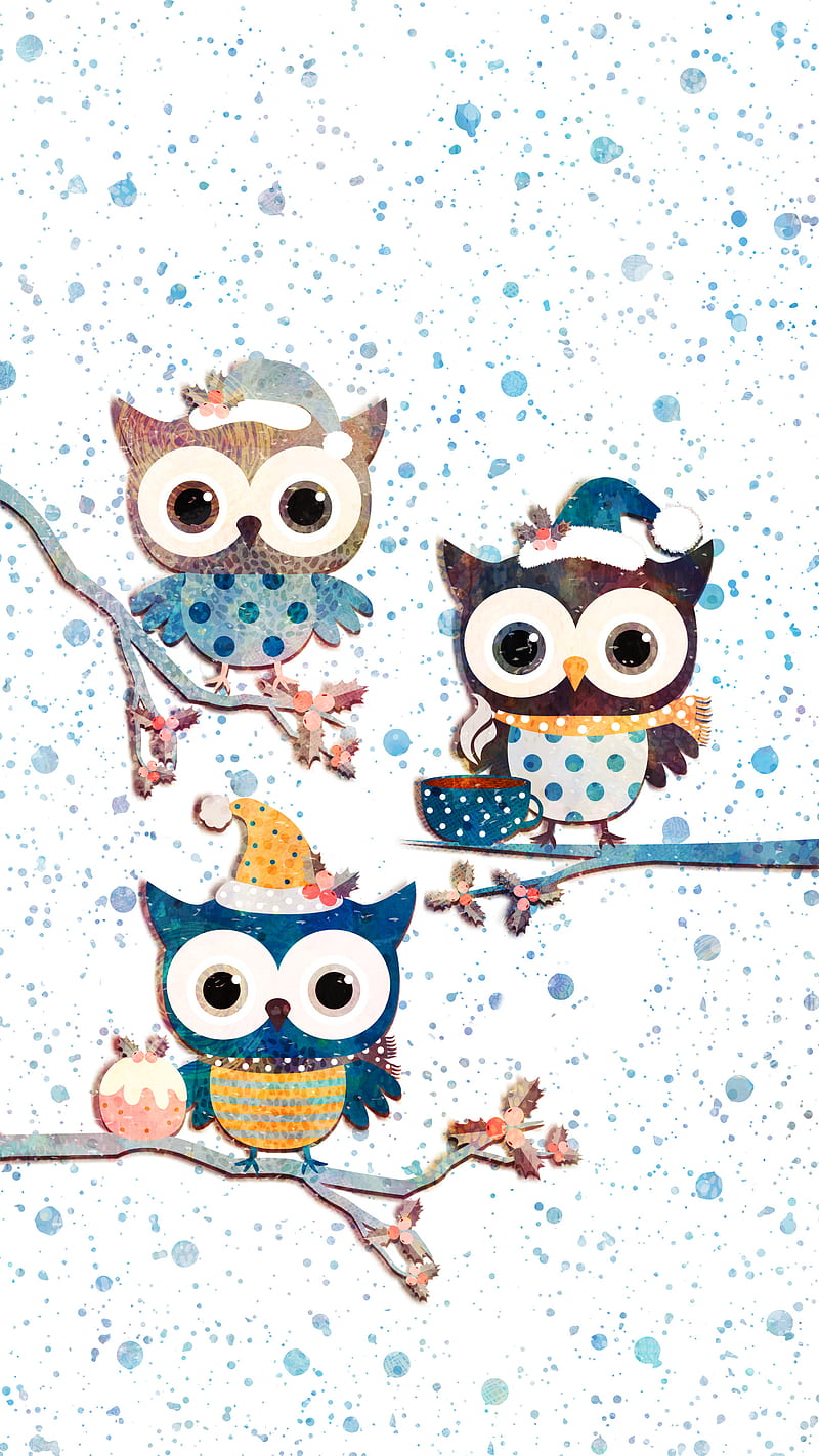 Winter Owls and Coffee, Adoxali, Christmas, animal, bird, blue, branch,  cake, HD phone wallpaper | Peakpx