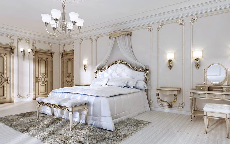 luxurious bedroom interior, classic style, white bedroom, luxurious classic furniture, interior design, HD wallpaper