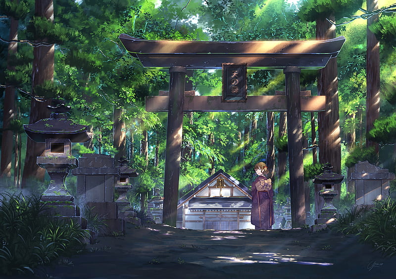 shrine, torii, anime girl, kimono, trees, path, forest, Anime, HD wallpaper
