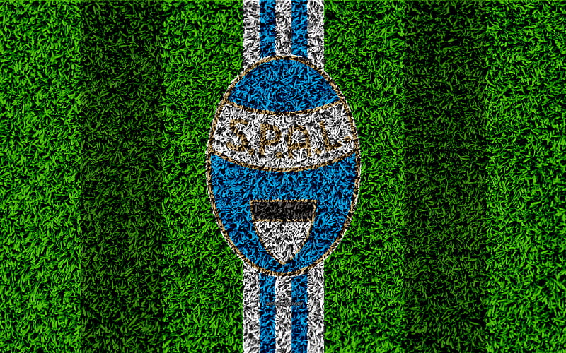 Spal FC logo, football lawn, Italian football club, blue white lines, emblem, grass texture, Serie A, Ferrara, Italy, football, HD wallpaper