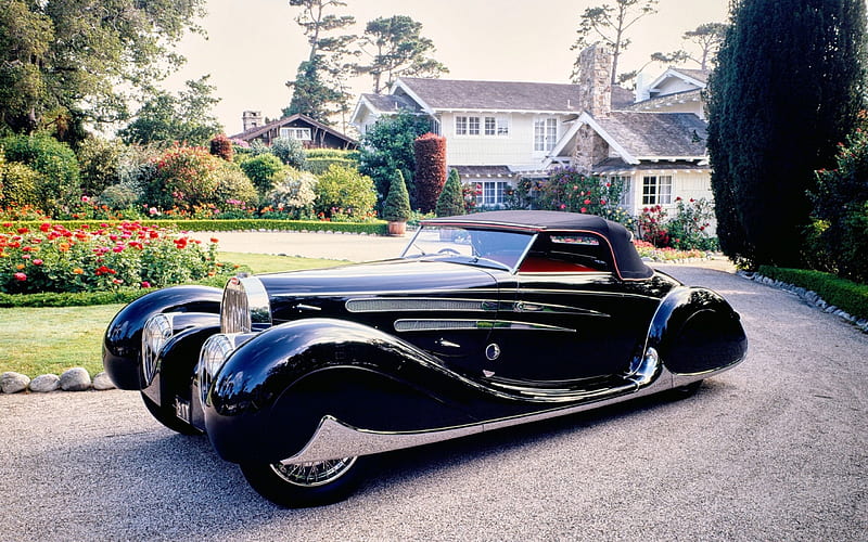 1939 Bugatti Type C57 Cabriolet, carros, 1939, black, bugatti, HD wallpaper