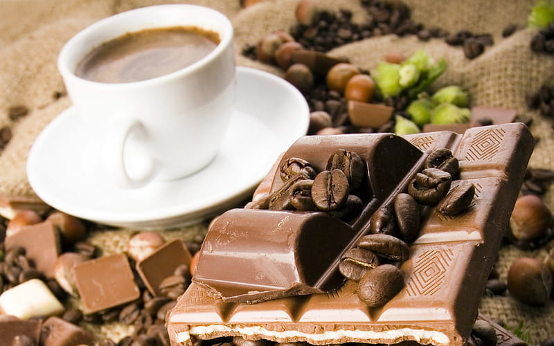 Chocolate and cup of coffee, hazelnuts, coffee, chocolate, cup, coffee beans, sweet, HD wallpaper