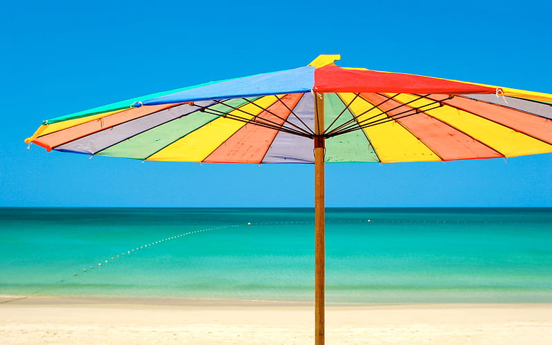colorful umbrella, beach, sea, tropical island, summer vacation, HD wallpaper