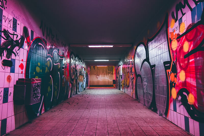 empty tunnel pathway with graffiti walls, HD wallpaper