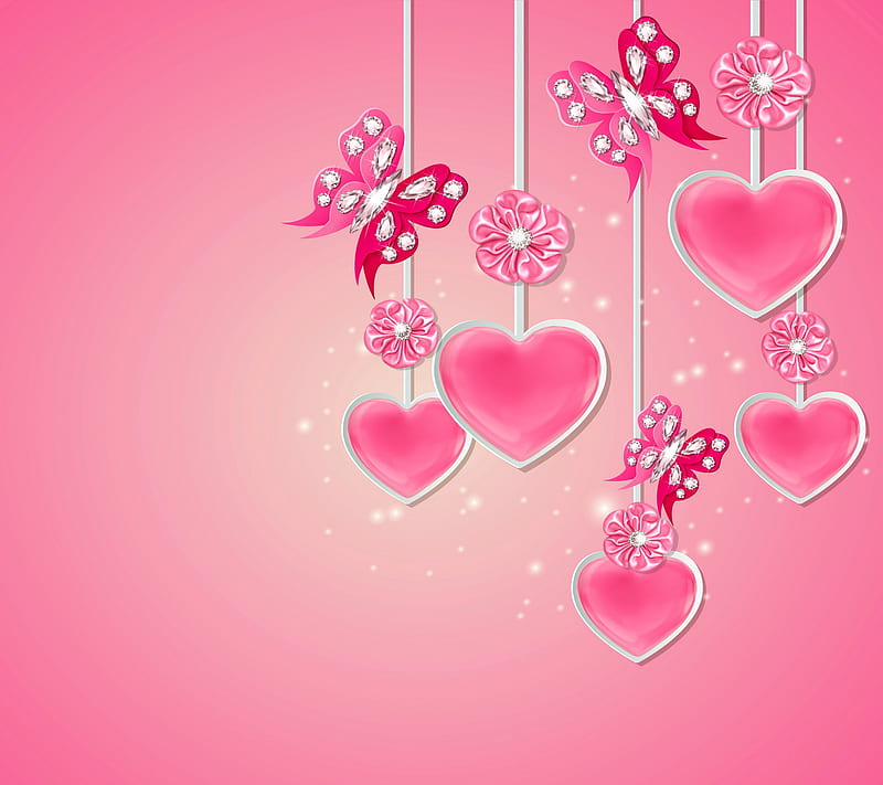Valentines by Marika, butterfly, desenho, diamonds, corazones, love, pink, valentine, HD wallpaper