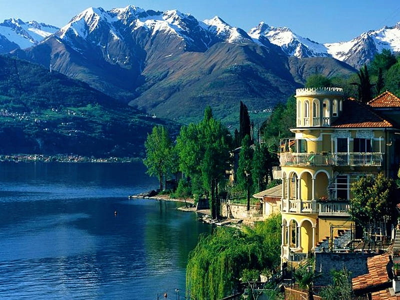 Lake Como, Italy, water, chalet, mountains, trees, alps, HD wallpaper