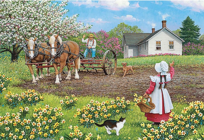 Swinging Round, horses, house, fields, cat, girl, flowers, spring, cart, HD wallpaper