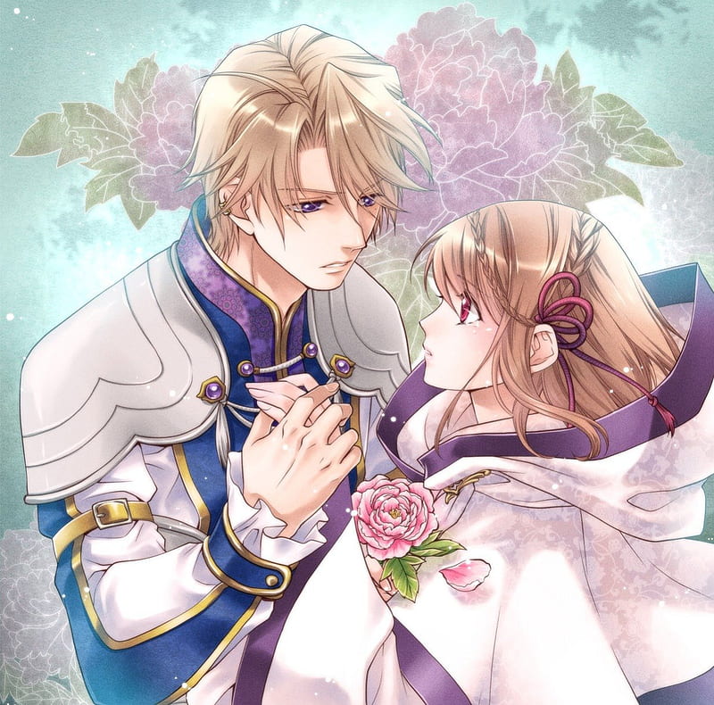 ♡ Couple ♡, pretty, sweet, floral, peony, nice, love, anime, handsome, beauty, anime girl, long hair, lovely, romance, gown, blonde, sexy, short hair, cute, lover, dress, blond, guy, bonito, elegant, blossom, hot, couple, gorgeous, female, male, romantic, blonde hair, blond hair, boy, girl, flower, HD wallpaper