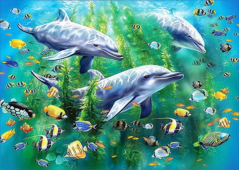 ★Dolphin Trio★, sea life, oceans, scenic, attractions in dreams, bonito, most ed, seasons, paintings, green, dolphins, bright, seaweed, animals, underwater, fishes, lovely, colors, love four seasons, creative pre-made, paradise, summer, nature, HD wallpaper