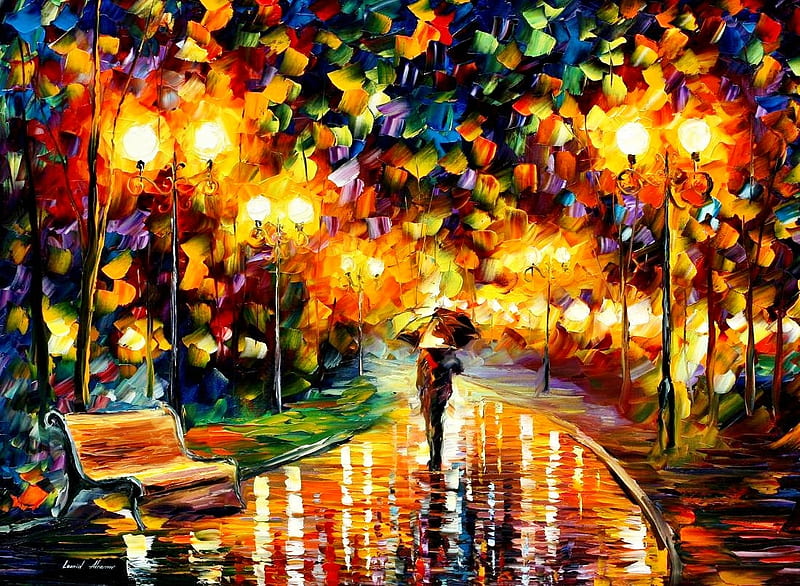 Rainmaker, fall, wet, autumn, fresh, umbrella, streetlights, park, trees, leaves, raining, path, rain, colours, night, HD wallpaper