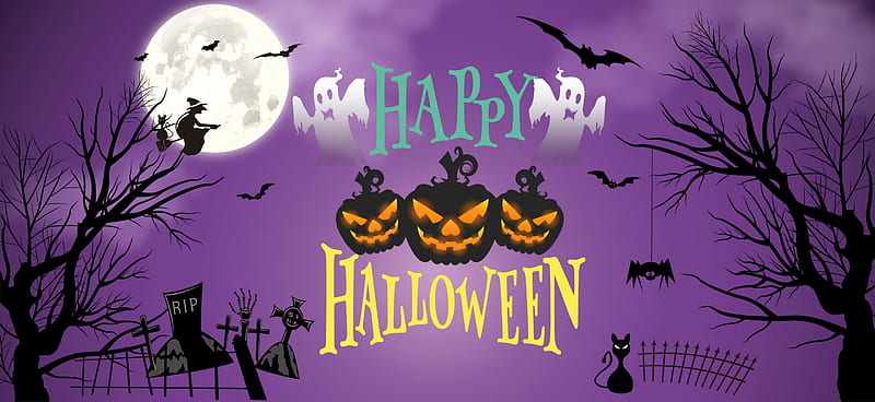 Happy Halloween, fence, witch, jack o lanterns, bats, spider, moon, crosses, graveyard, Halloween, cemetery, tombstones, black cats, trees, ghosts, gravestones, cats, pumpkins, HD wallpaper
