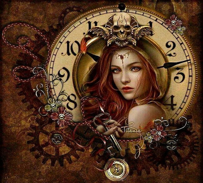 The Clock, art, girl, steampunk, key, HD wallpaper