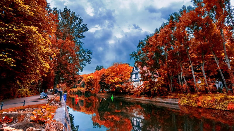 wonderful city canal in autumn, autumn, city, canal, benches, trees, HD wallpaper