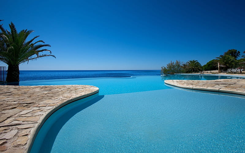 pool, summer, tropical islands, ocean, resort, hotel, HD wallpaper