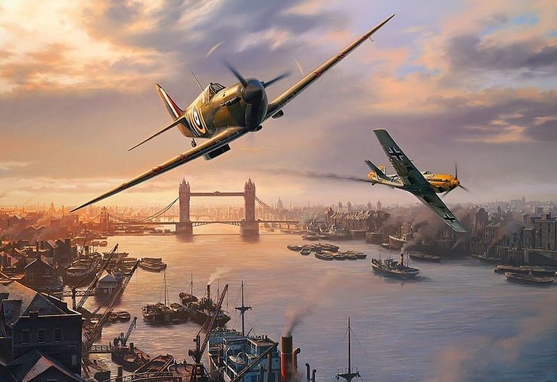 Spitfire Skirmish, thames, fighter, ww2, world war, tower bridge, battle, london, river, spitfire, HD wallpaper