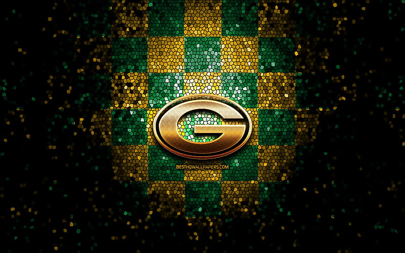 Green Bay Packers, glitter logo, NFL, green yellow checkered background, USA, american football team, Green Bay Packers logo, mosaic art, american football, America, HD wallpaper