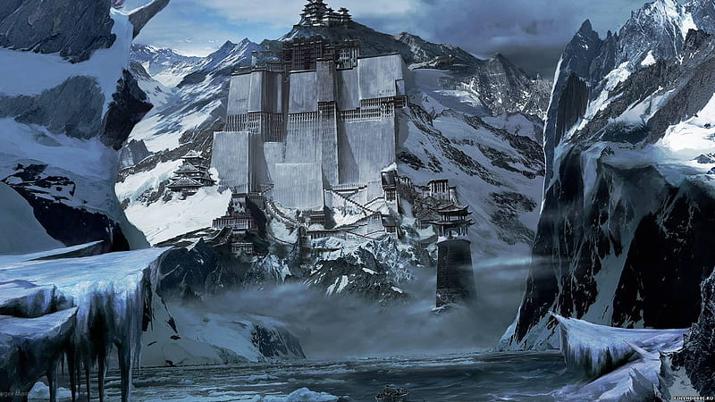 Snow Fortress, mountain, architecture, fantasy, snow, winter, HD wallpaper