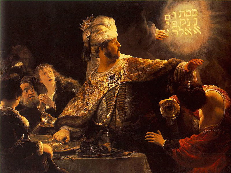 The Feast of Belshazzar, king, art, warning, fiery, rembrandt, 1635, writing, classic, HD wallpaper