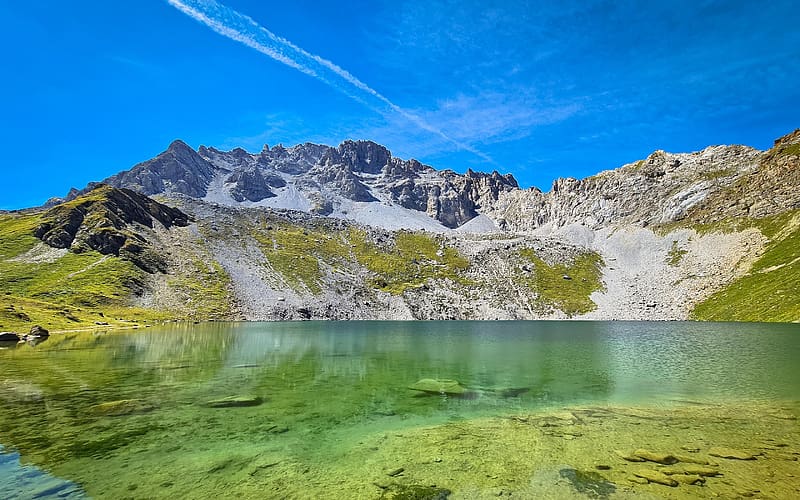 Emerald Lake Merlet, Savoie, France, water, mountains, stones, rocks, HD wallpaper