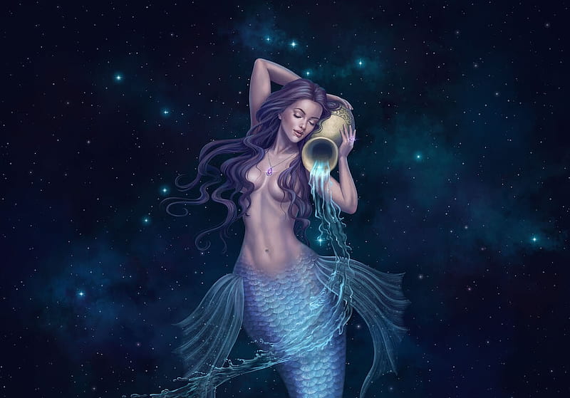 Zodiac ~ Aquarius, mermaid, summer, siren, yasushi matsuoka, blue, frumusete, luminos, zodiac, aquarius, vara, girl, HD wallpaper