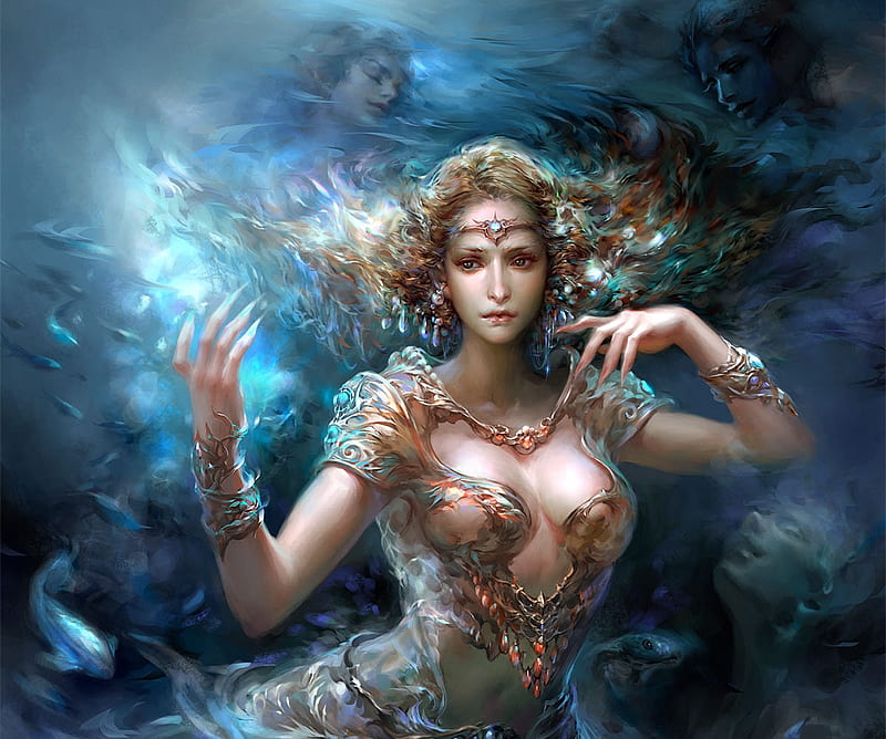 Mermaid, blue, art, frumusete, alicedie, luminos, water, fantasy, vara, girl, hand, summer, sire, HD wallpaper