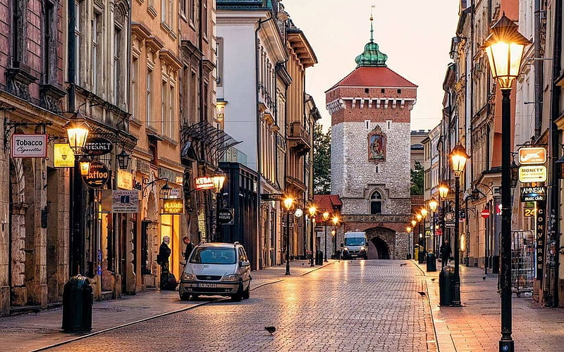 Florianska Street in Krakow, Poland, tower, houses, Poland, Krakow, street, HD wallpaper