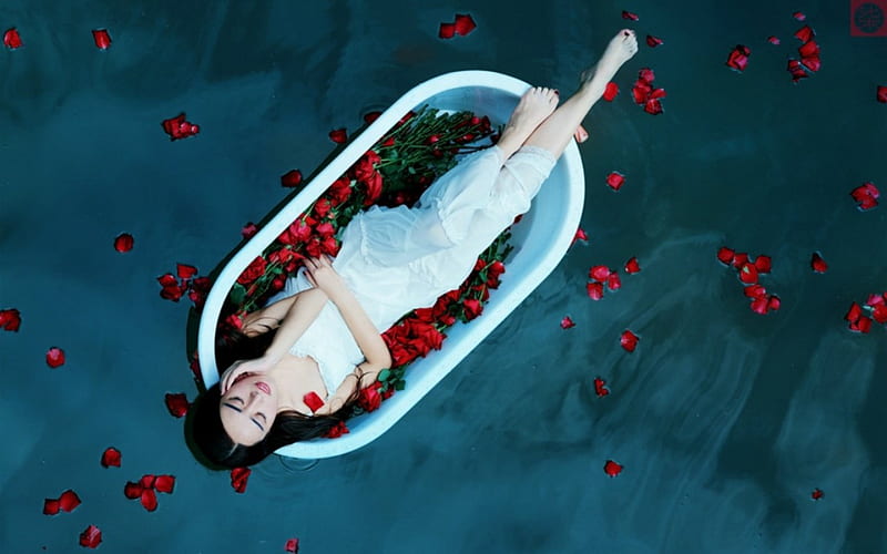 Beauty, petals, woman, bathtub, lying, HD wallpaper