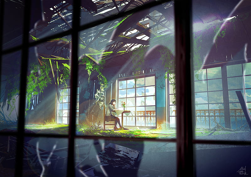 Anime, Original, Abandoned, Girl, Glass, Greenery, Table, Window, HD wallpaper
