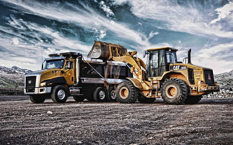 Caterpillar 950H, Caterpillar CT610, CAT, construction vehicles, dump truck, loading of stones concepts, excavator, delivery of sand concepts, USA, HD wallpaper