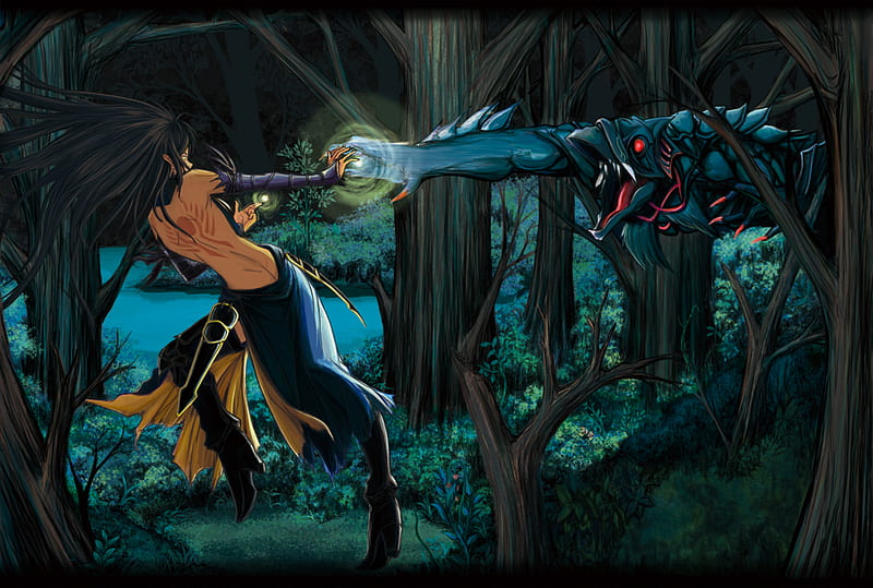 Forest Fight, boots, shanoa, video game, game, video games, thigh highs, gloves, long hair, black hair, claws, forest, fighting, female, castlevania, tattoo, trees, armor, girl, order of ecclesia, plants, fight, monster, armour, HD wallpaper
