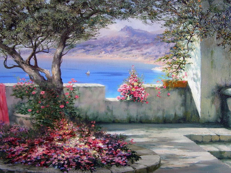 Southern landscape, sun, shade, Crimea, joy, sea, sail, tree, Miliukov Alexander, summer, flowers, HD wallpaper