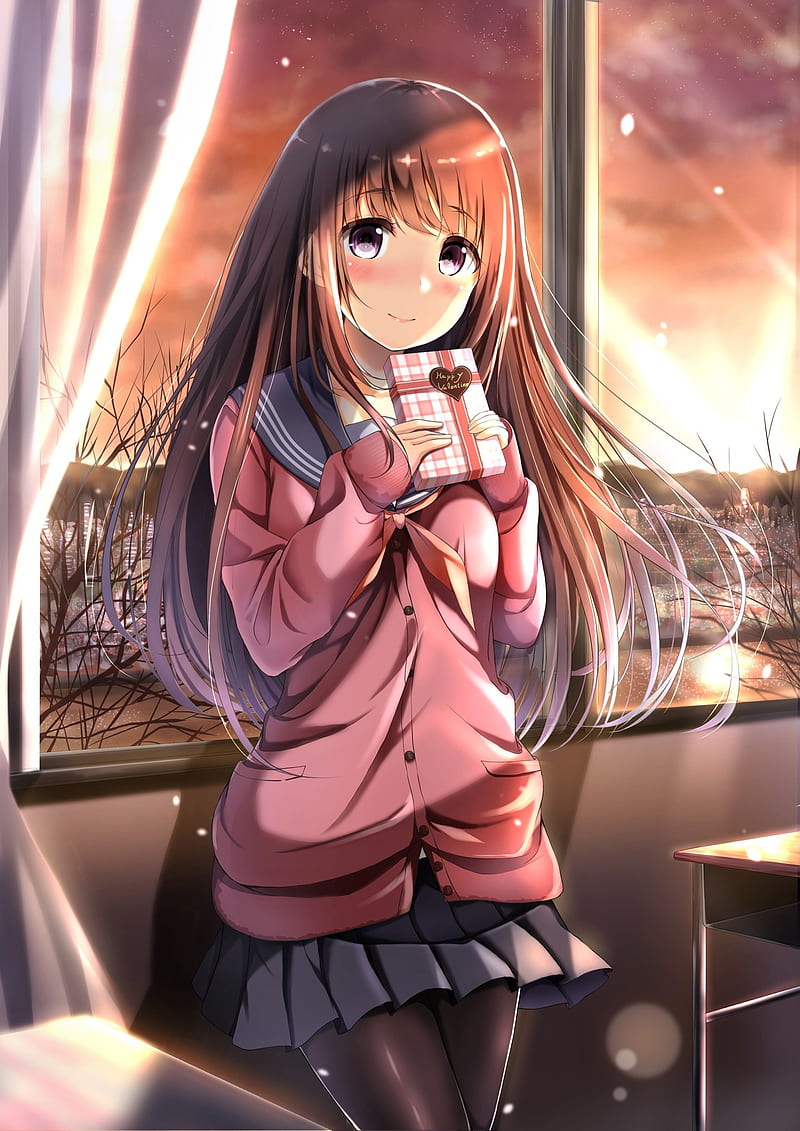 Anime, anime girls, Valentine's Day, long hair, brunette, school uniform,  classroom, HD phone wallpaper | Peakpx