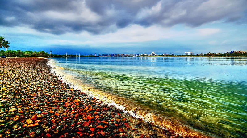 Stone covered beach on the bay, beach, stones, bay, clouds, HD ...