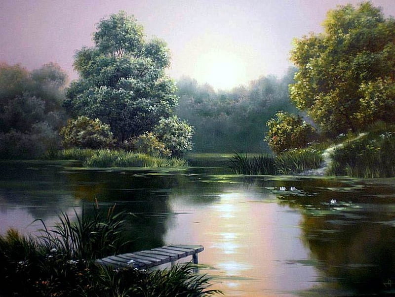 Natalie Turner (Kharkov). Quiet river, art, tree, natalie turner, painting, nature, river, HD wallpaper